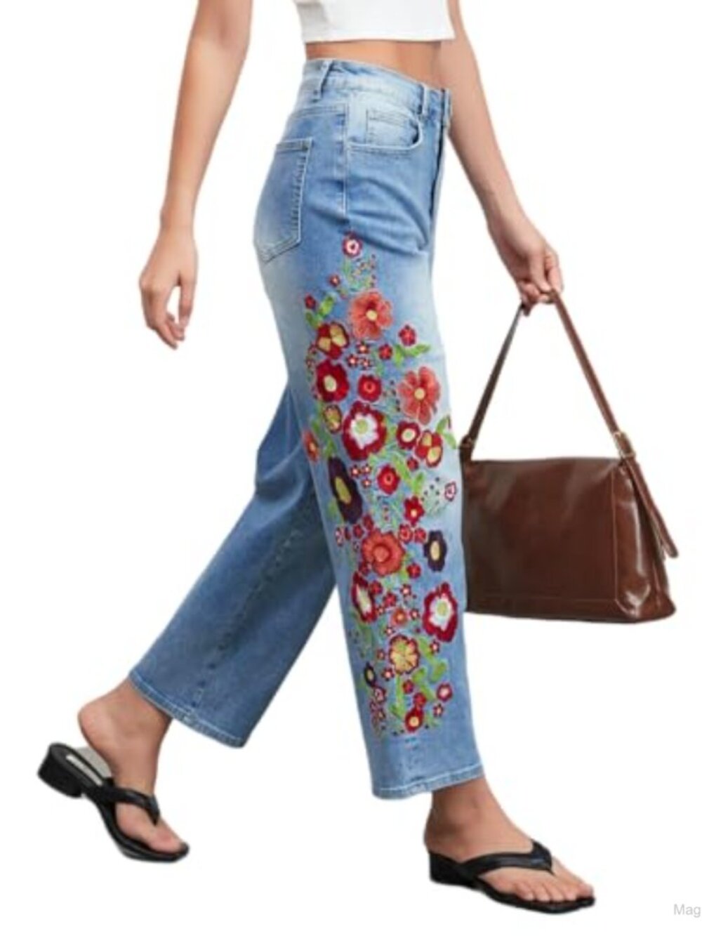 Straight Leg Cropped Jeans Women Mid Rise Floral Boho Casual Ankle Denim